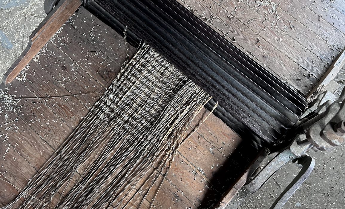 the hand-driven flax brake uses fluted rollers to scutch the flax, breaking up the woody bast
